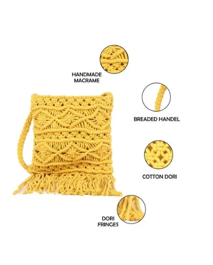 ASTRID Yellow Macrame Boho Chic Crossbody Sling Bag FOR Women - Free Size, Yellow, Canvas, Pack of1